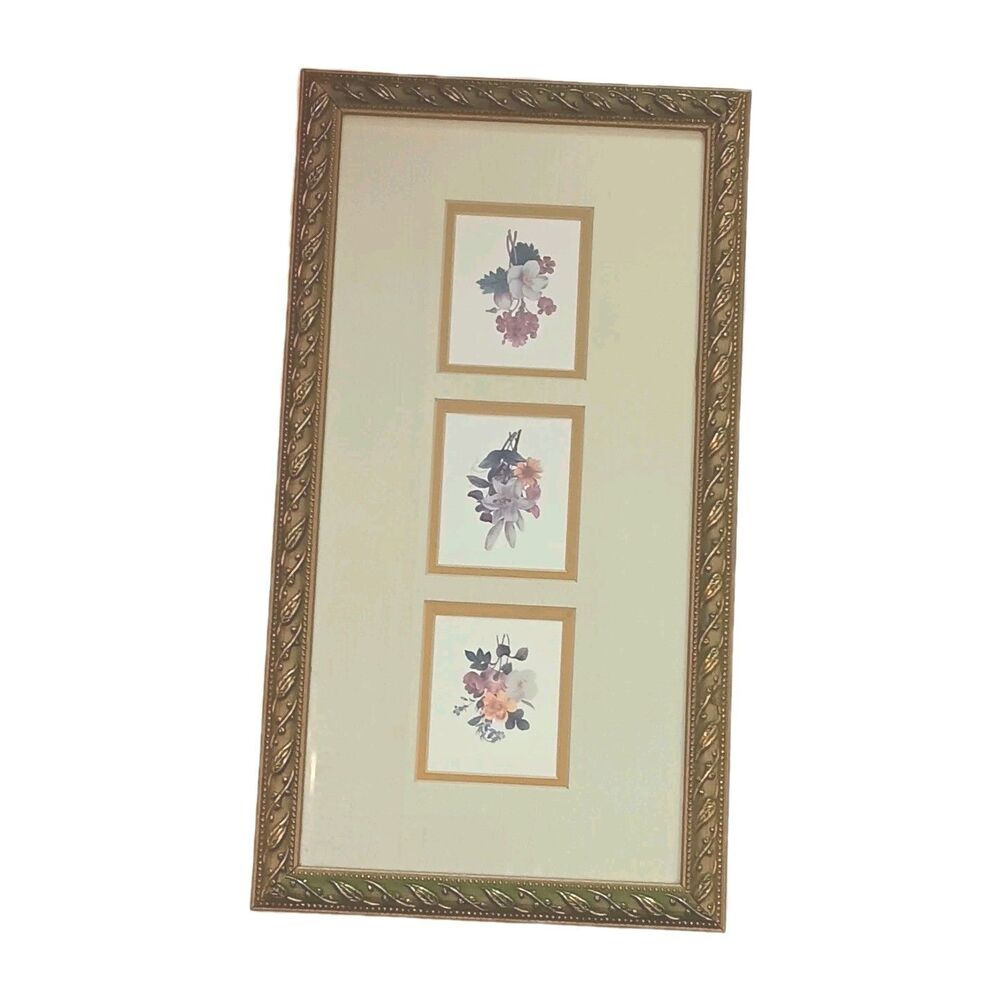 Vintage Flower Trio Prints Matted & Framed Beige Cream Background Gold Frame 15"